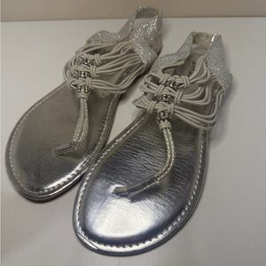 BAMBOO Metallic Silver Jeweled T-Strap Sandals